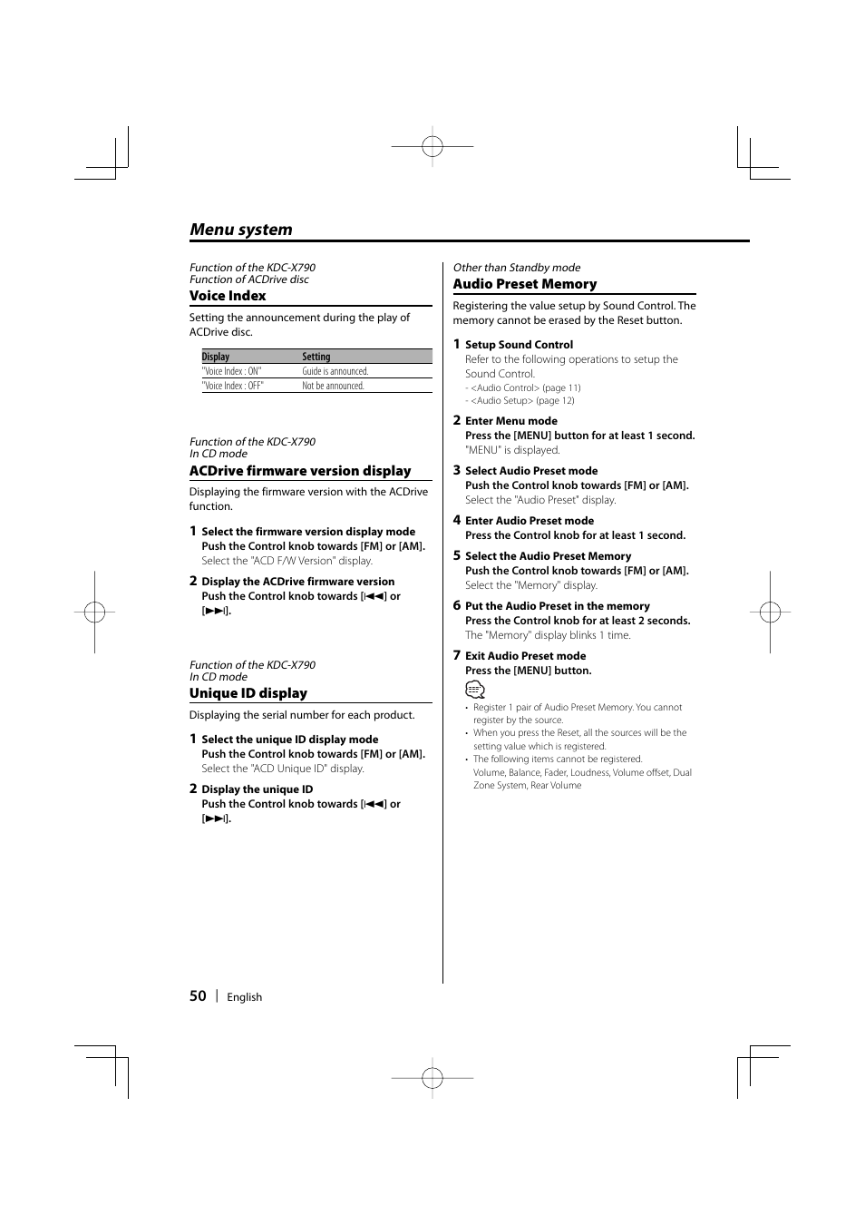 Menu system | Kenwood KDC-MP732 User Manual | Page 50 / 64