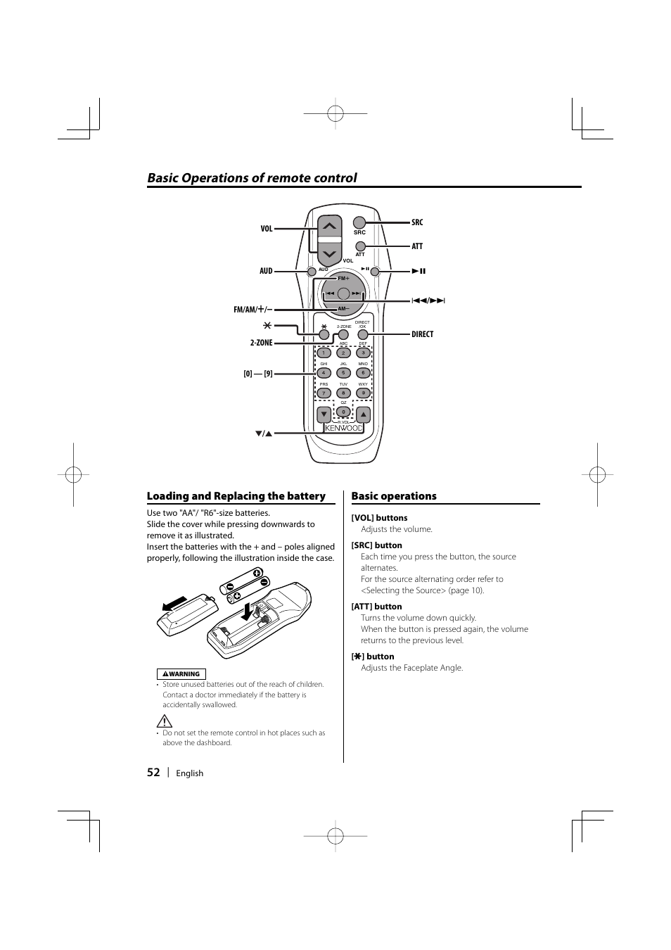 Basic operations of remote control, Loading and replacing the battery, Basic operations | Kenwood KDC-MP732 User Manual | Page 52 / 64