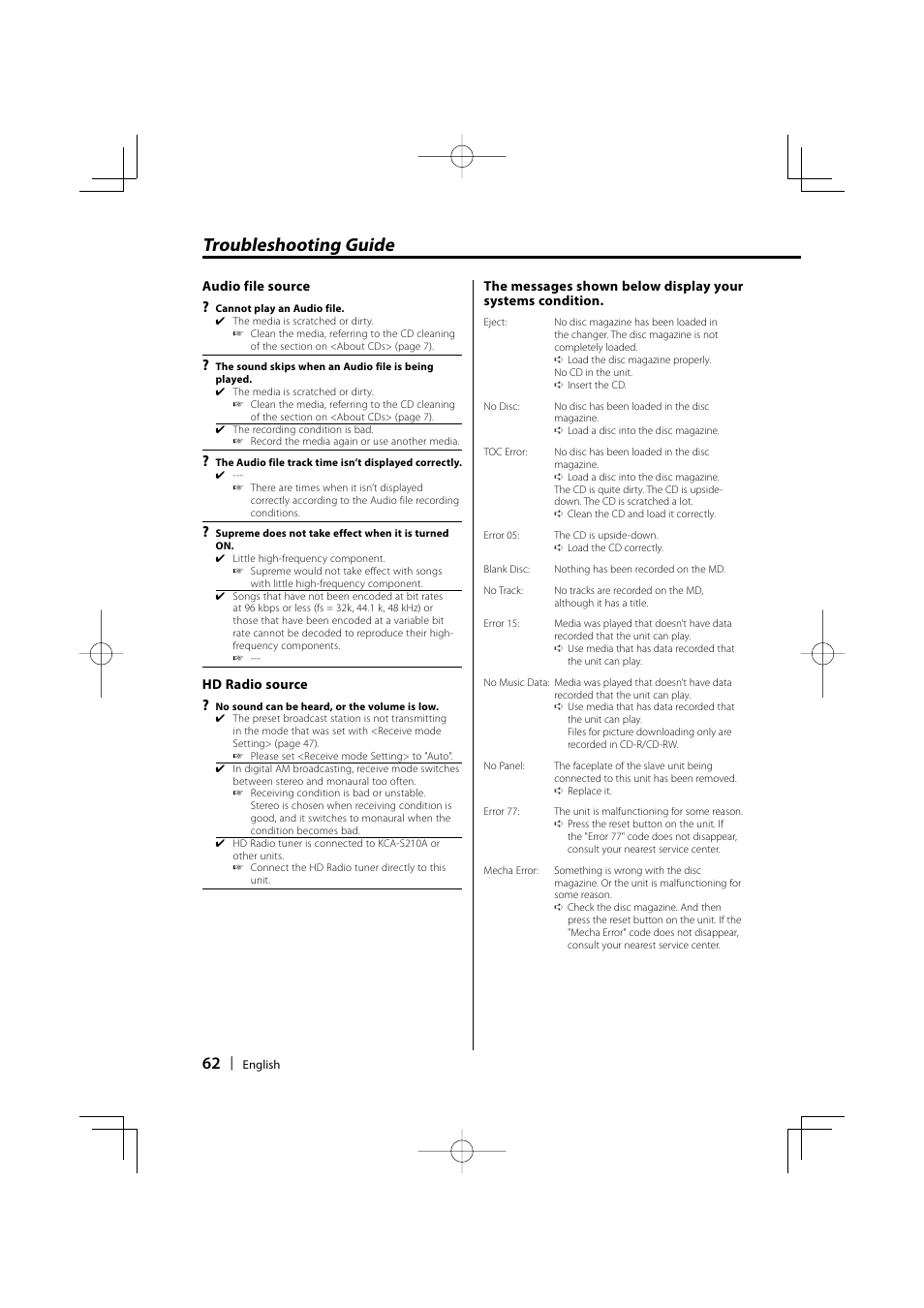 Troubleshooting guide | Kenwood KDC-MP732 User Manual | Page 62 / 64