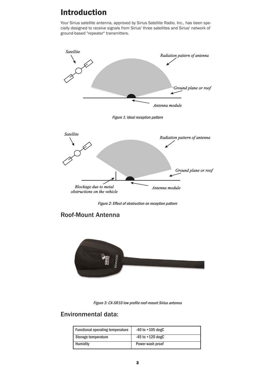 Introduction, Roof-mount antenna, Environmental data | Kenwood CX-SR10 User Manual | Page 3 / 16