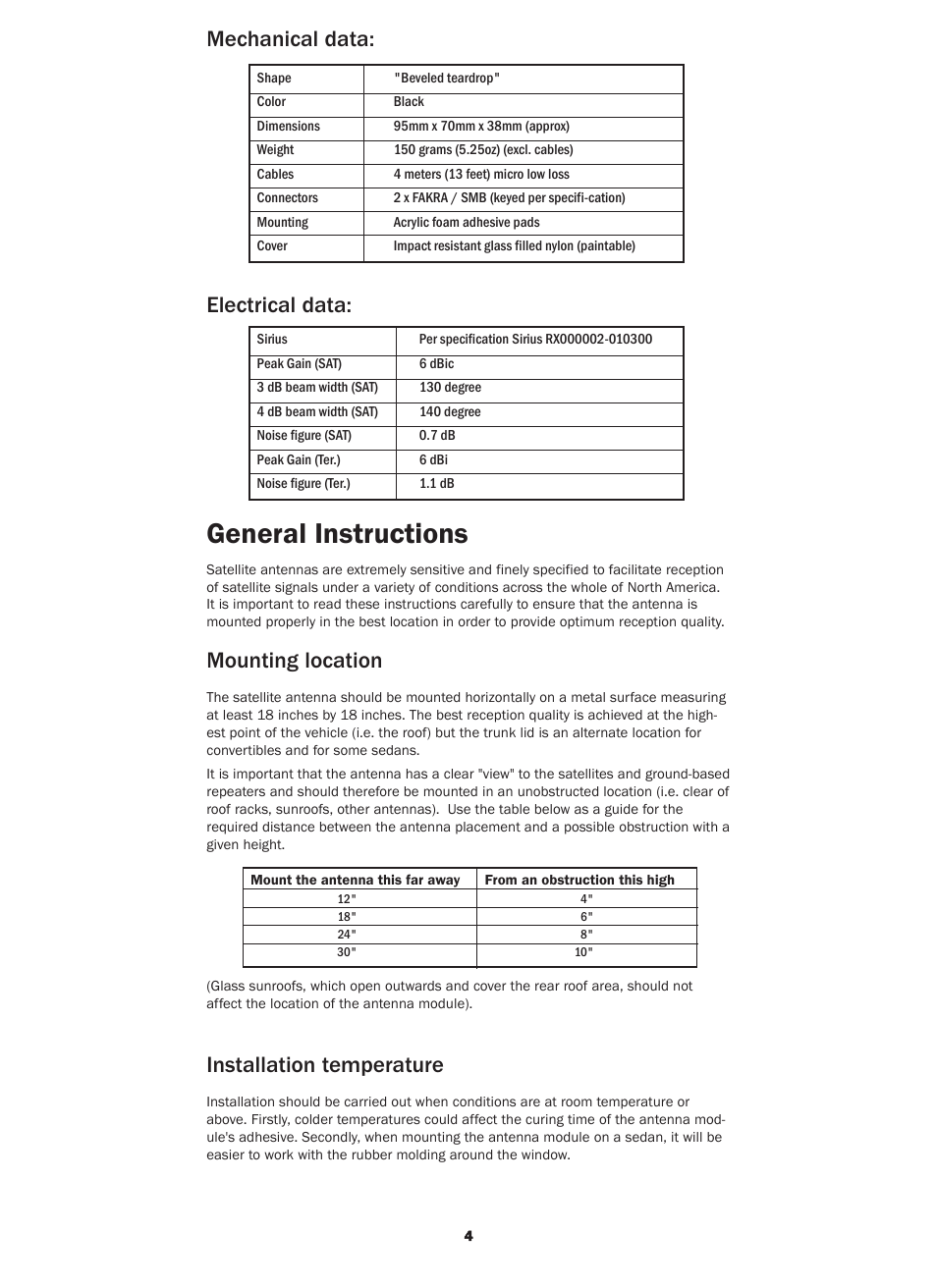 General instructions, Mechanical data: electrical data, Mounting location | Installation temperature | Kenwood CX-SR10 User Manual | Page 4 / 16