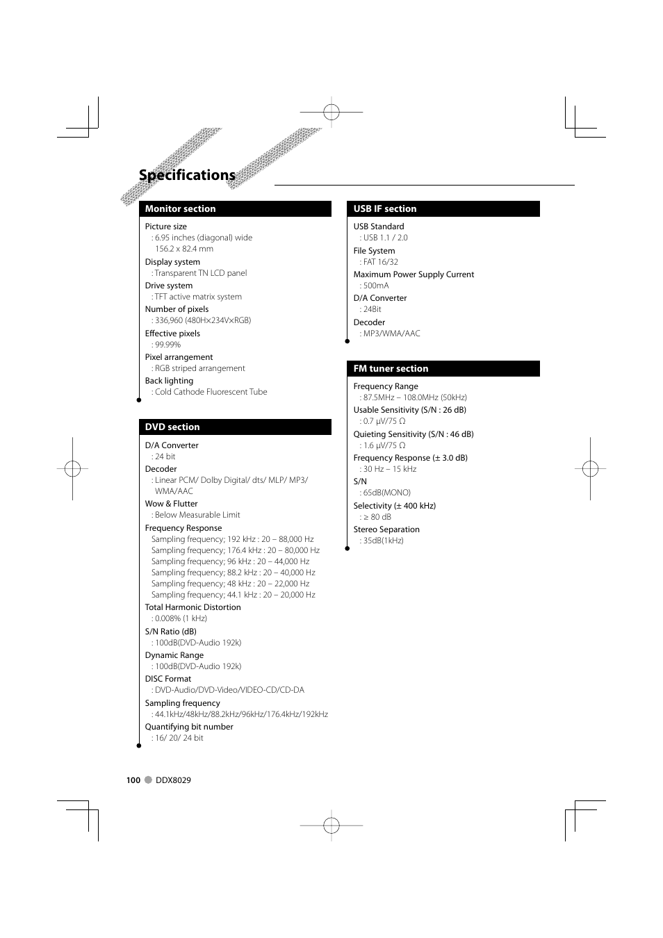 Specifications | Kenwood DDX8029 User Manual | Page 100 / 104