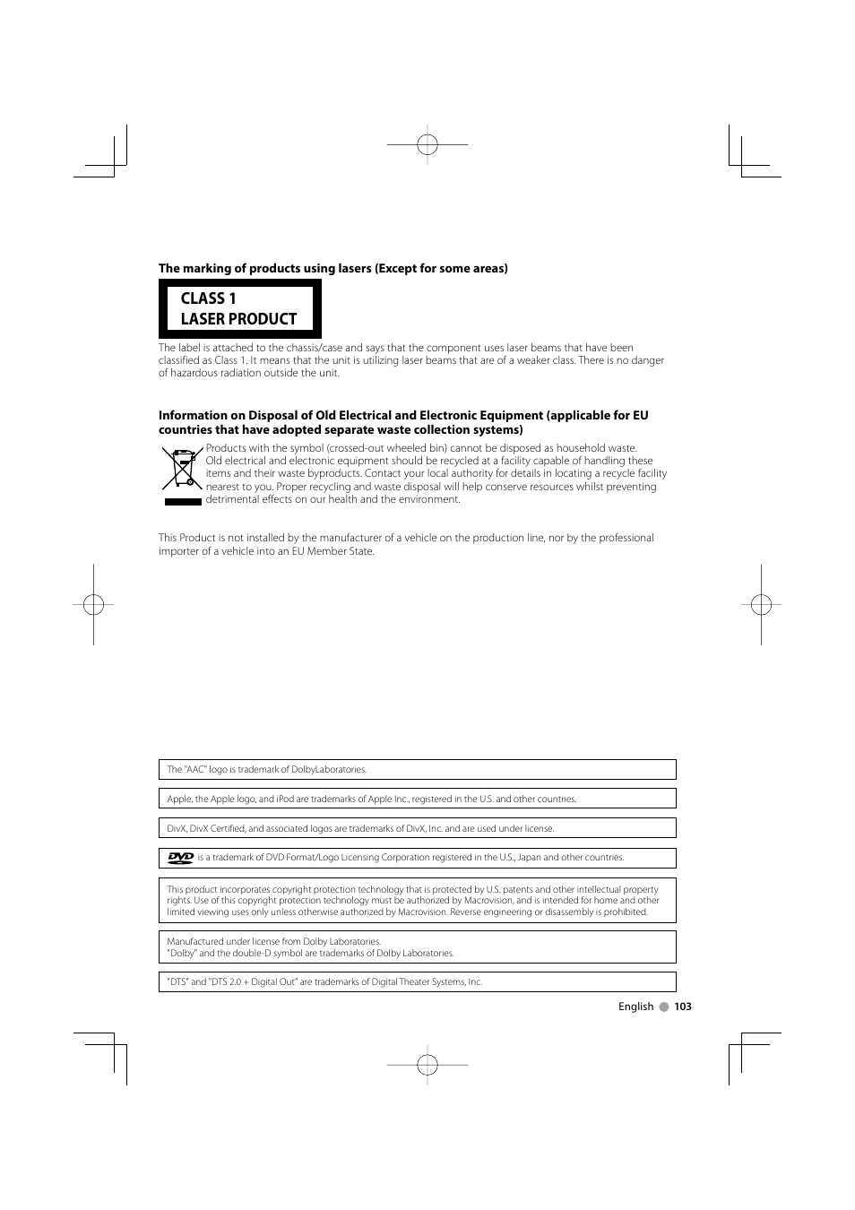 Class 1 laser product | Kenwood DDX8029 User Manual | Page 103 / 104