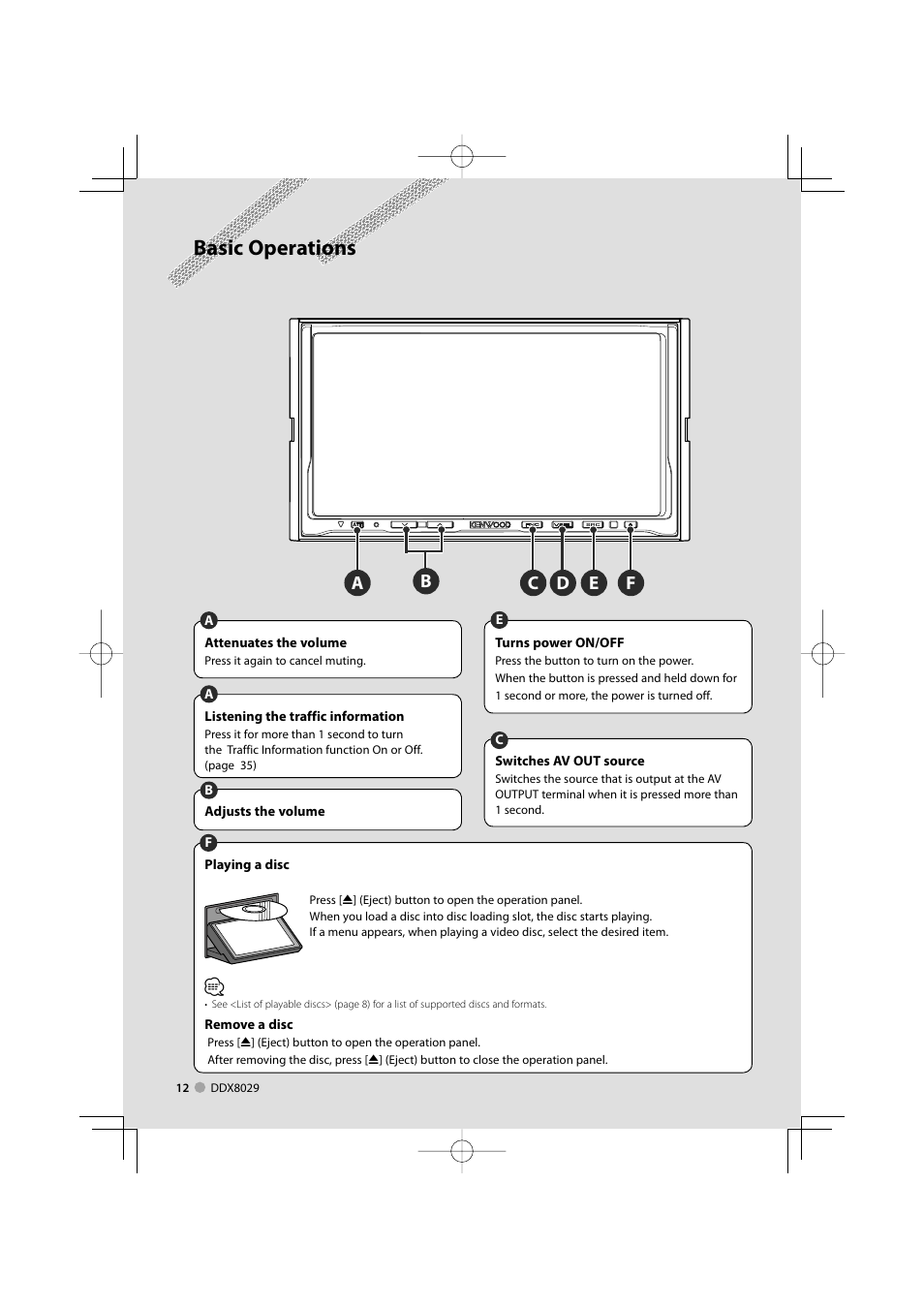 Basic operations | Kenwood DDX8029 User Manual | Page 12 / 104