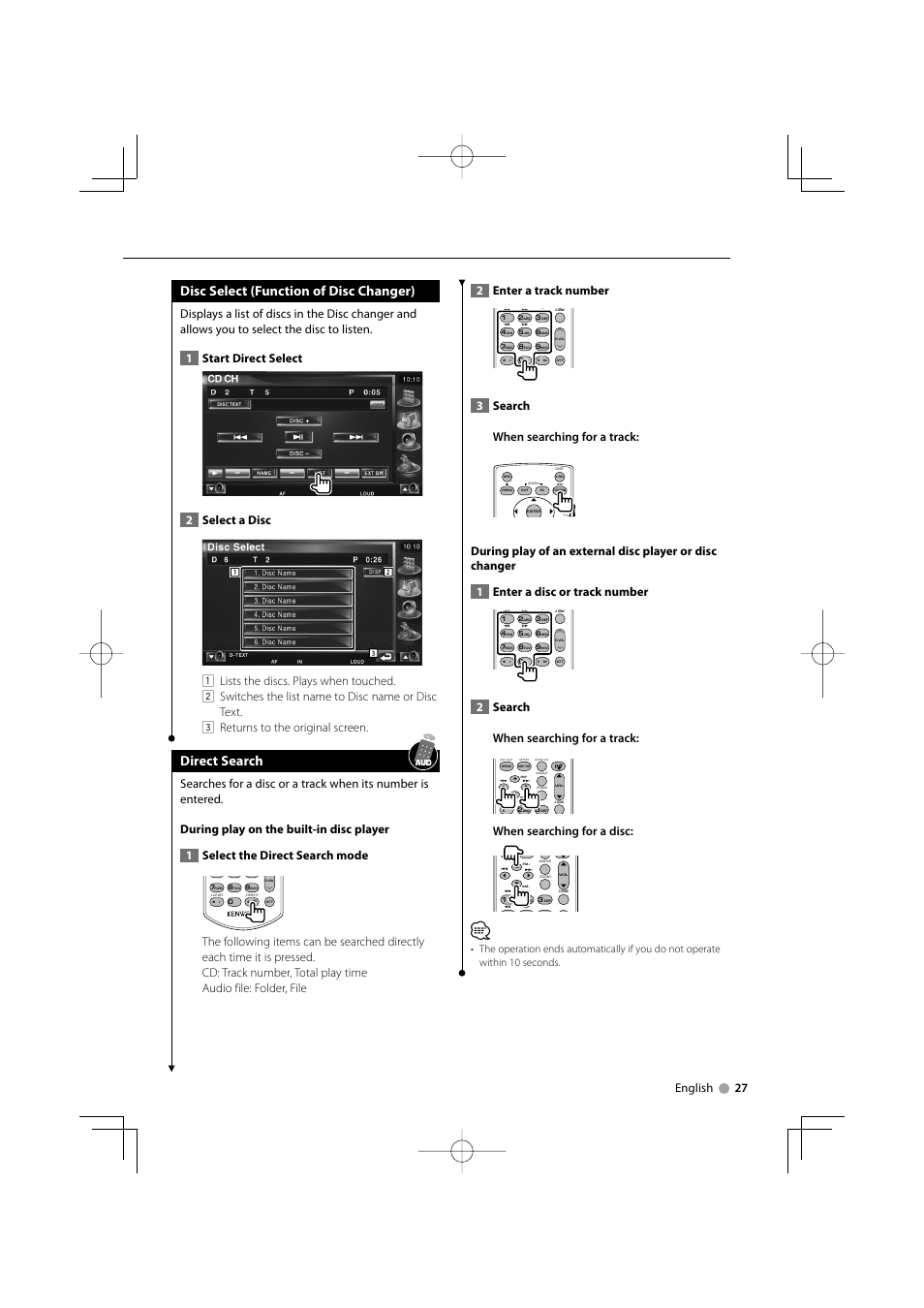 Disc select (function of disc changer), Direct search, English 27 | 3search when searching for a track, 2search when searching for a track, When searching for a disc | Kenwood DDX8029 User Manual | Page 27 / 104