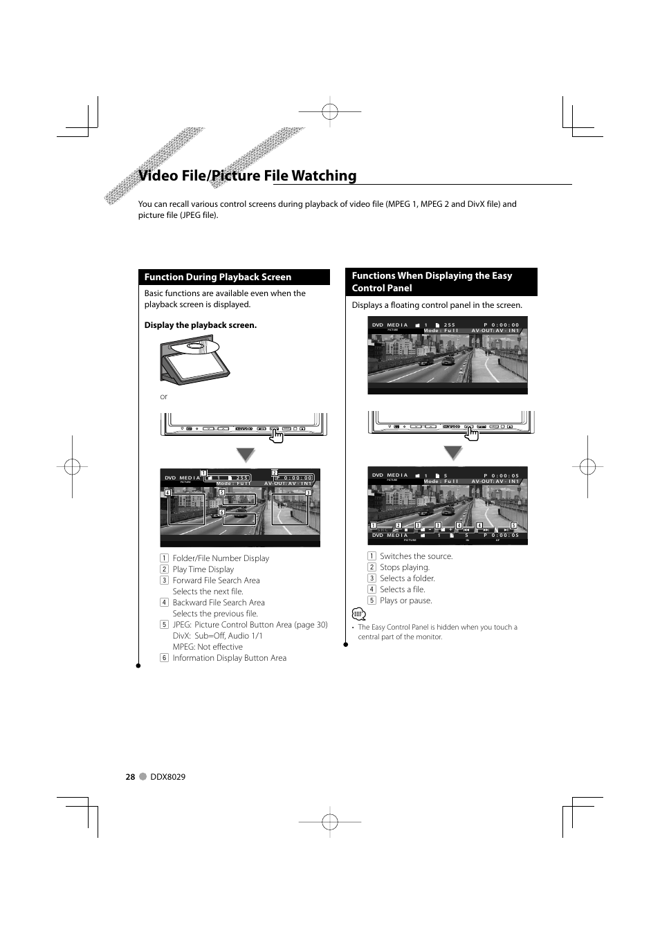 Video file/picture file watching, Function during playback screen, Functions when displaying the easy control panel | Displays a floating control panel in the screen | Kenwood DDX8029 User Manual | Page 28 / 104