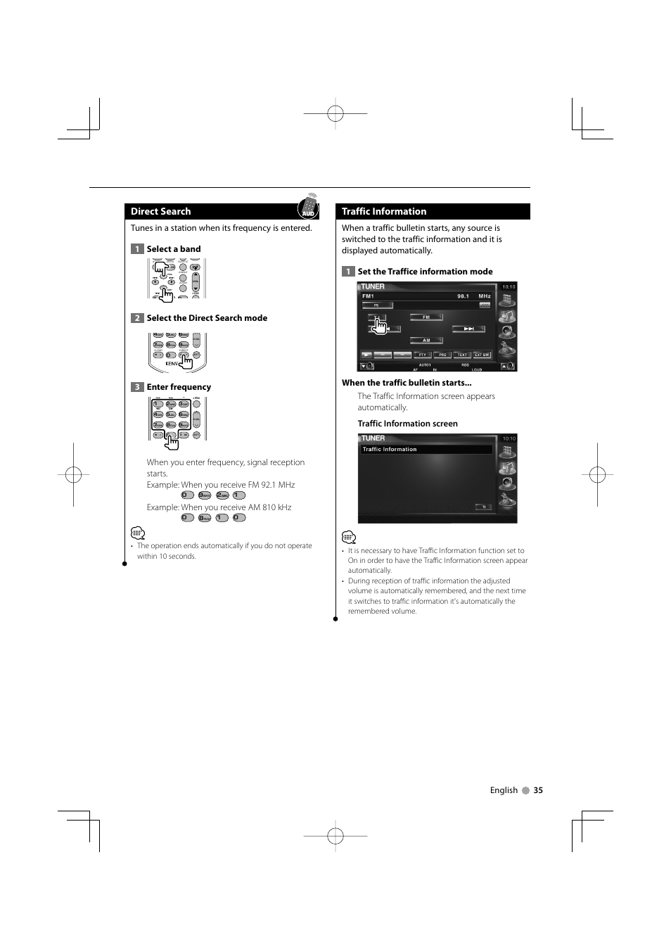 Direct search, Traffic information, English 35 | 2select the direct search mode, 3enter frequency, Example: when you receive am 810 khz | Kenwood DDX8029 User Manual | Page 35 / 104