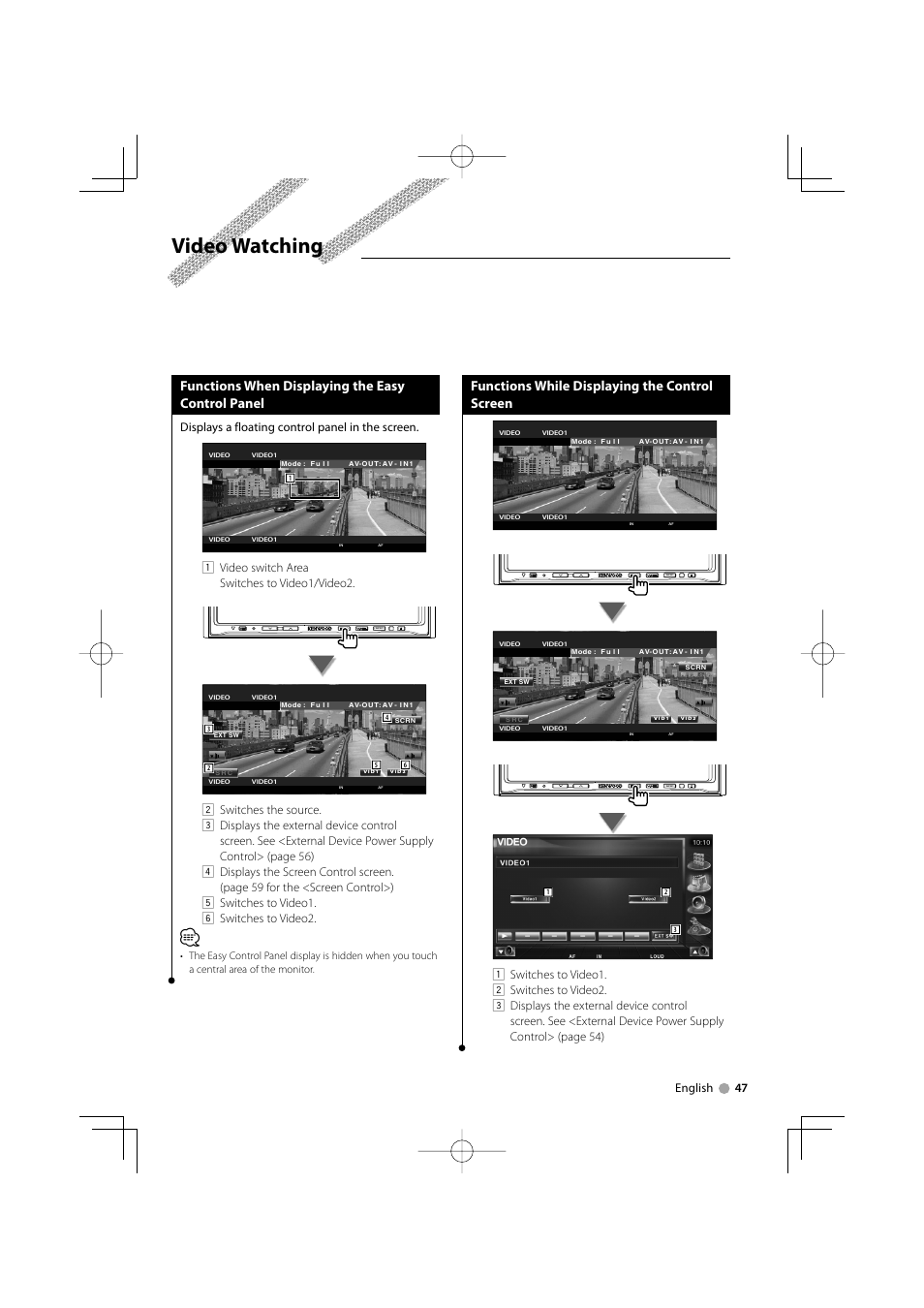 Video watching, Functions when displaying the easy control panel, Functions while displaying the control screen | English 47, Displays a floating control panel in the screen, 1 video switch area switches to video1/video2 | Kenwood DDX8029 User Manual | Page 47 / 104