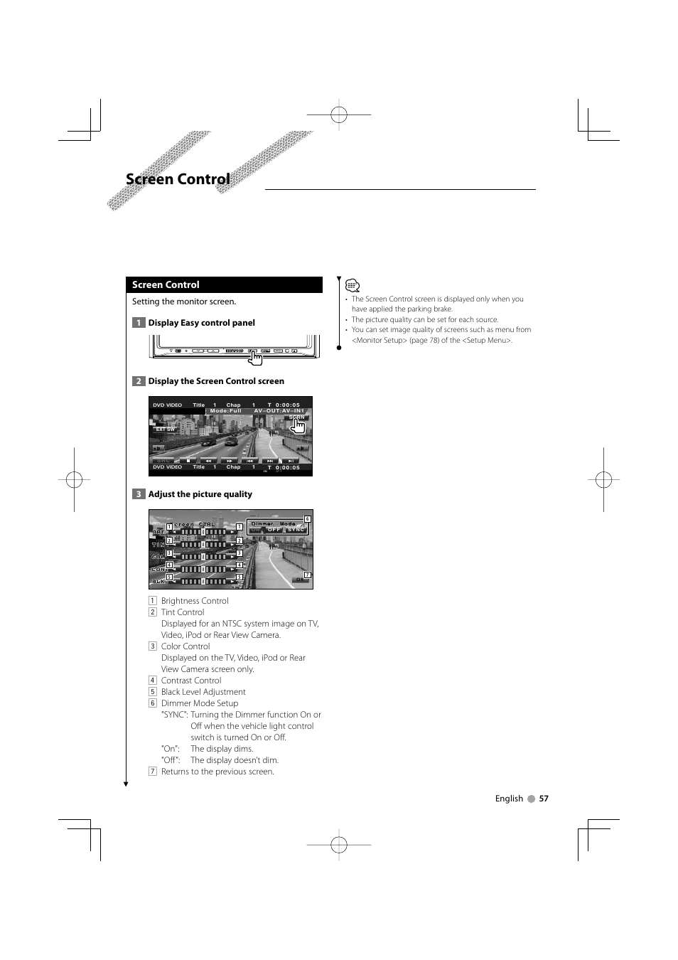 Screen control | Kenwood DDX8029 User Manual | Page 57 / 104