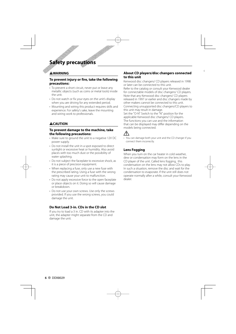 Safety precautions | Kenwood DDX8029 User Manual | Page 6 / 104