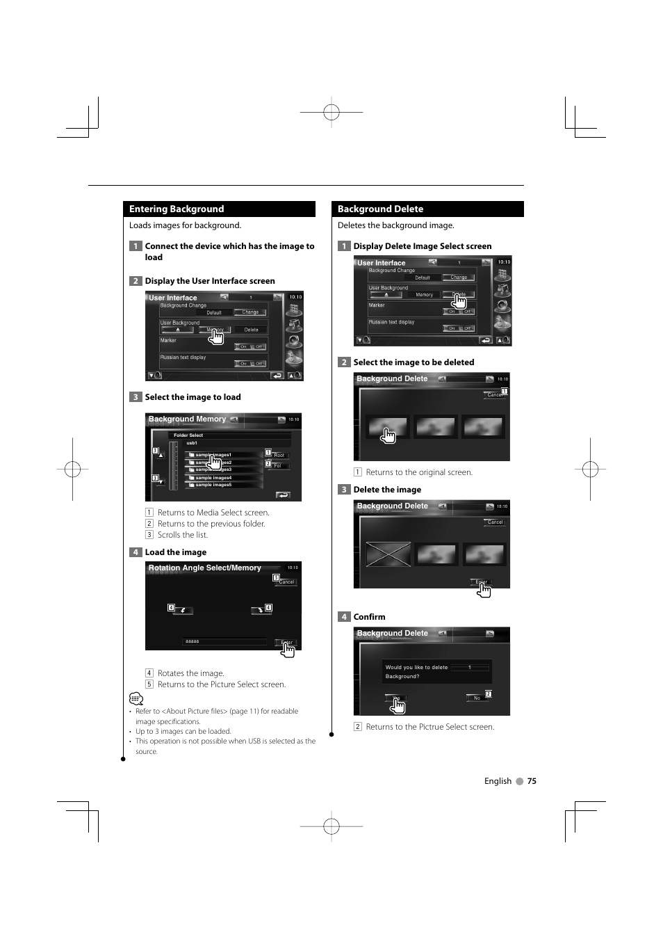 Entering background, Background delete | Kenwood DDX8029 User Manual | Page 75 / 104