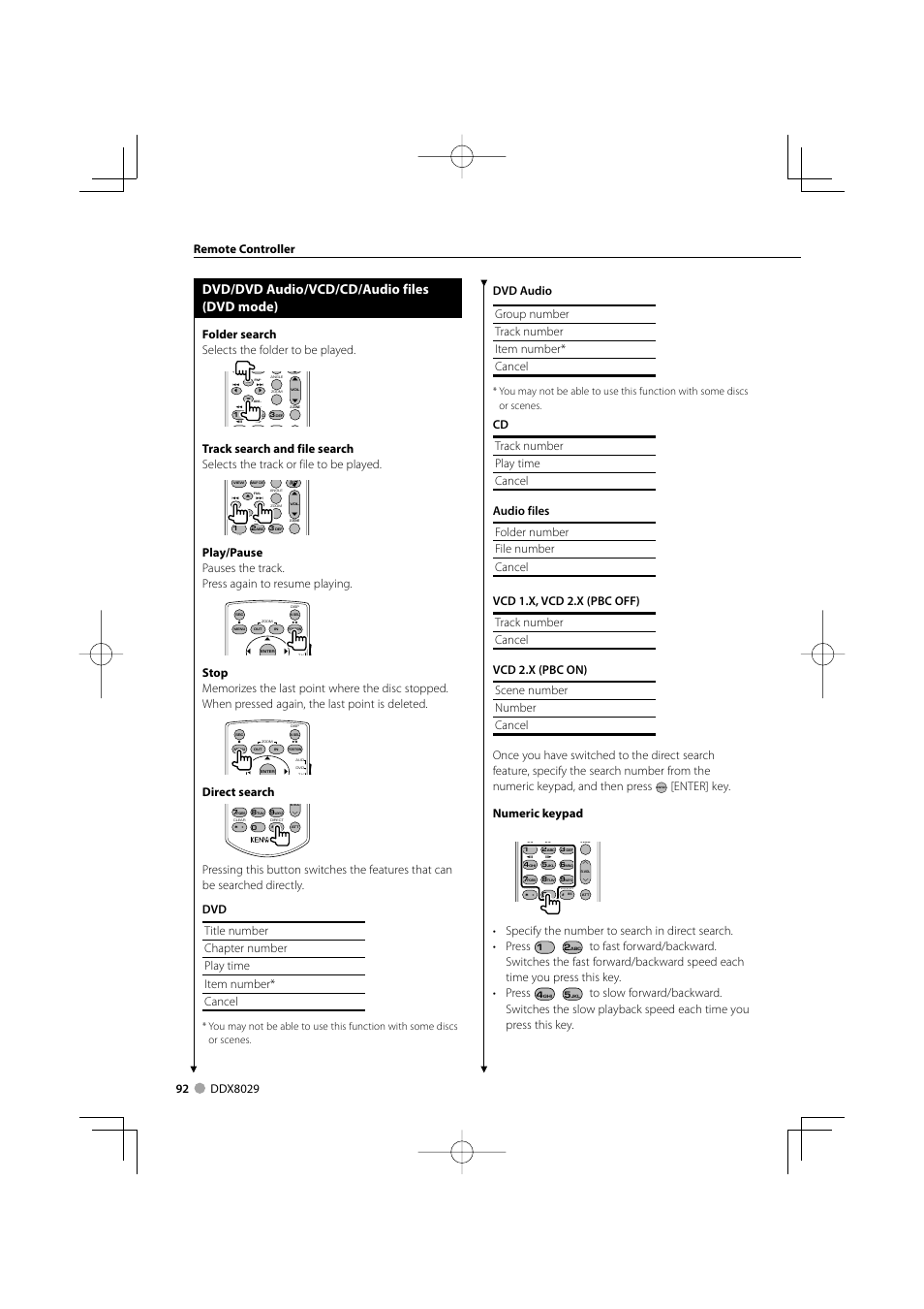 Dvd/dvd audio/vcd/cd/audio files (dvd mode), Enter] key. numeric keypad, Folder search selects the folder to be played | Direct search, Remote controller | Kenwood DDX8029 User Manual | Page 92 / 104