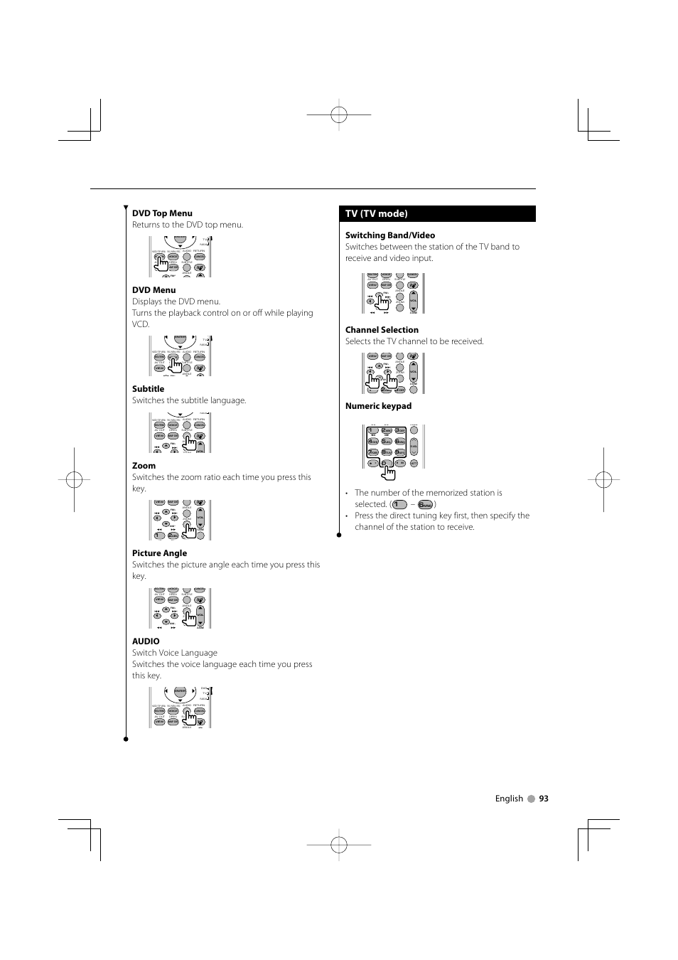 Tv (tv mode), Subtitle switches the subtitle language, Numeric keypad | Kenwood DDX8029 User Manual | Page 93 / 104