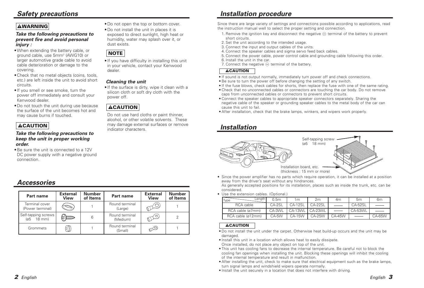 Installation procedure, Installation, Safety precautions | Accessories | Kenwood KAC-PS500F User Manual | Page 2 / 7