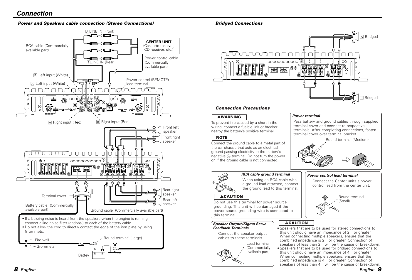 Connection, English, Bridged connections | Connection precautions | Kenwood KAC-PS500F User Manual | Page 5 / 7