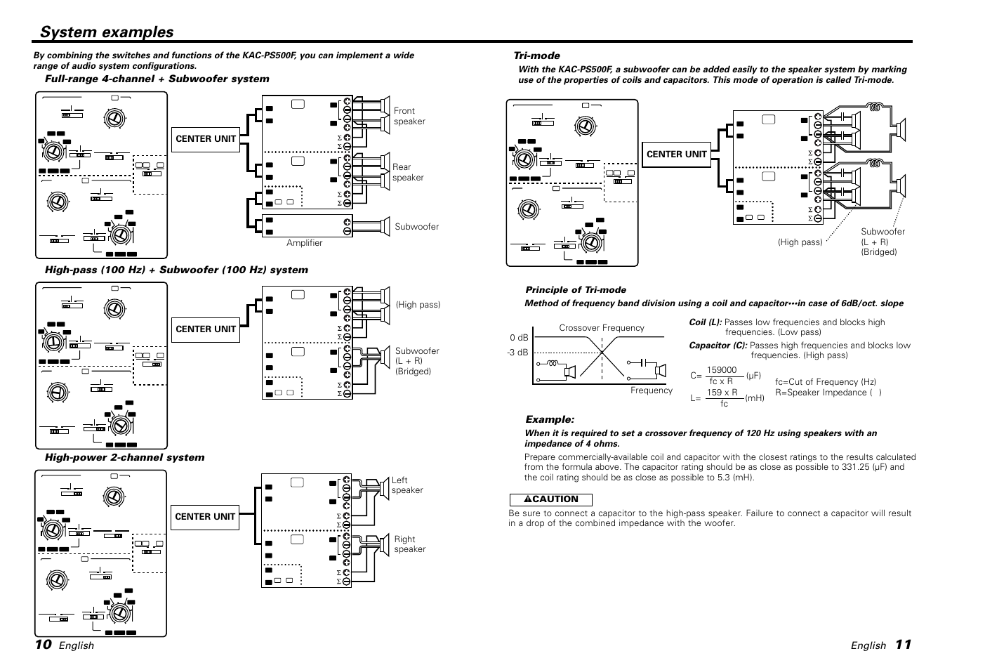 System examples, English, Tri-mode | Example, High-power 2-channel system, Full-range 4-channel + subwoofer system, Center unit | Kenwood KAC-PS500F User Manual | Page 6 / 7