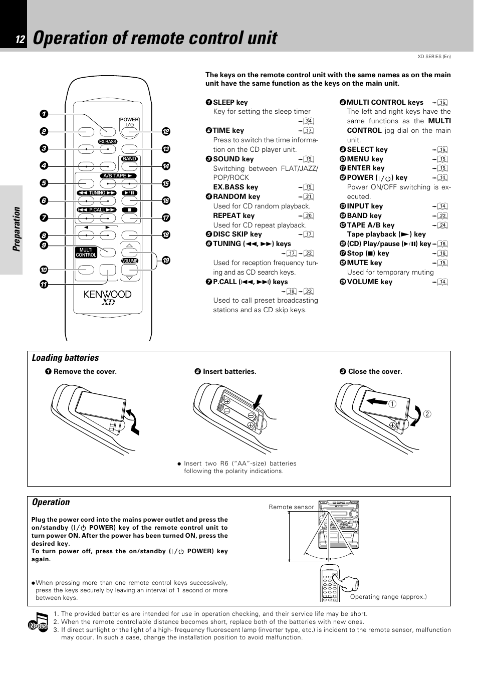 Operation of remote control unit, Preparation, Loading batteries | Operation | Kenwood DPX-302 User Manual | Page 12 / 44