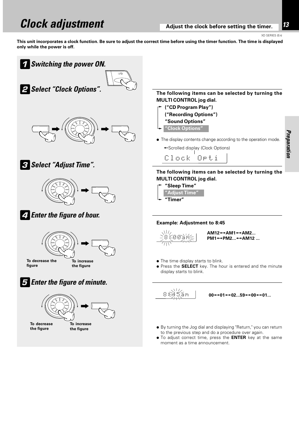 Clock adjustment, Switching the power on, Select “clock options | Select “adjust time, Enter the figure of hour, Enter the figure of minute | Kenwood DPX-302 User Manual | Page 13 / 44