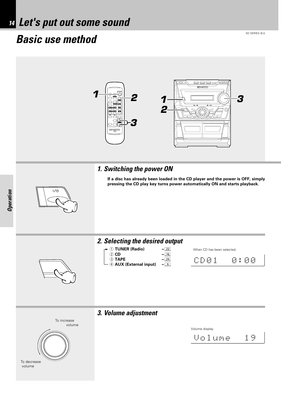 Let's put out some sound, Basic use method, Let's put out some sound basic use method | Volume adjustment, Operation | Kenwood DPX-302 User Manual | Page 14 / 44