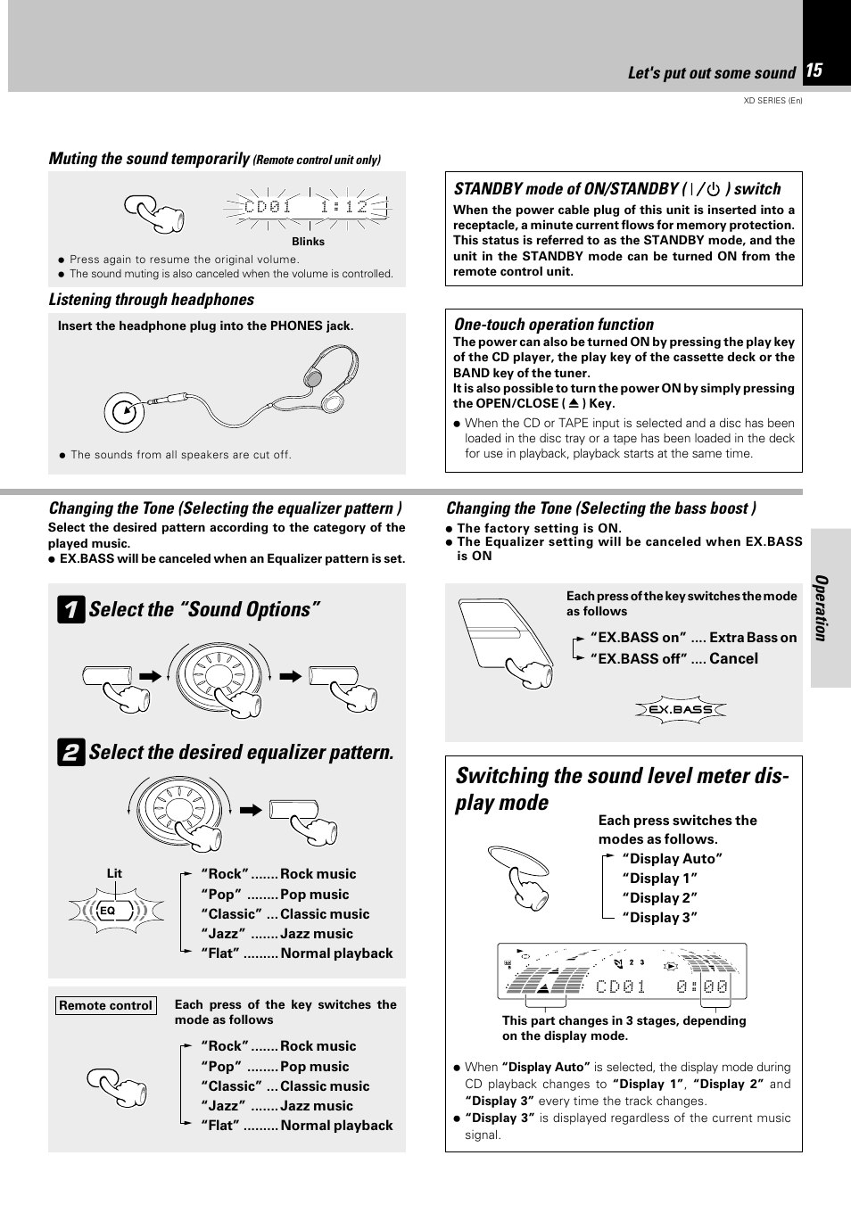 Switching the sound level meter dis- play mode, Select the “sound options, Select the desired equalizer pattern | Operation muting the sound temporarily, Listening through headphones, One-touch operation function, Changing the tone (selecting the bass boost ), Let's put out some sound | Kenwood DPX-302 User Manual | Page 15 / 44