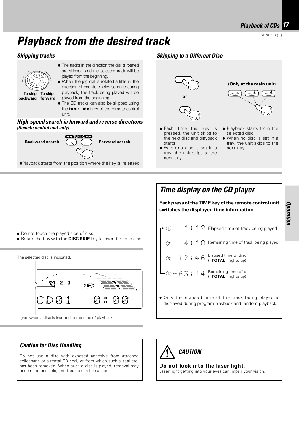 Playback from the desired track, Time display on the cd player, Operation skipping tracks | Skipping to a different disc, Caution for disc handling, Caution, Playback of cds | Kenwood DPX-302 User Manual | Page 17 / 44