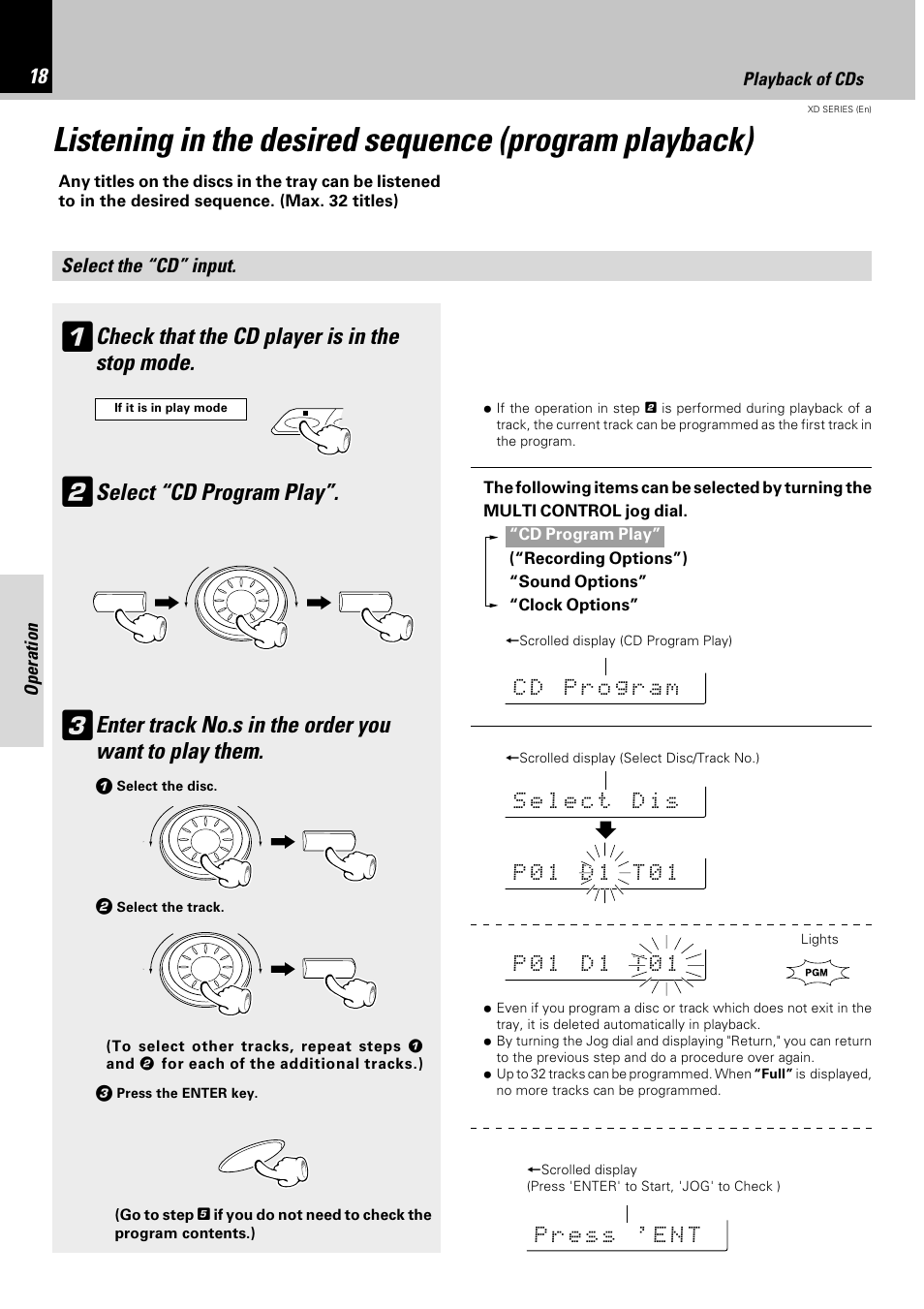 Check that the cd player is in the stop mode, Select “cd program play | Kenwood DPX-302 User Manual | Page 18 / 44