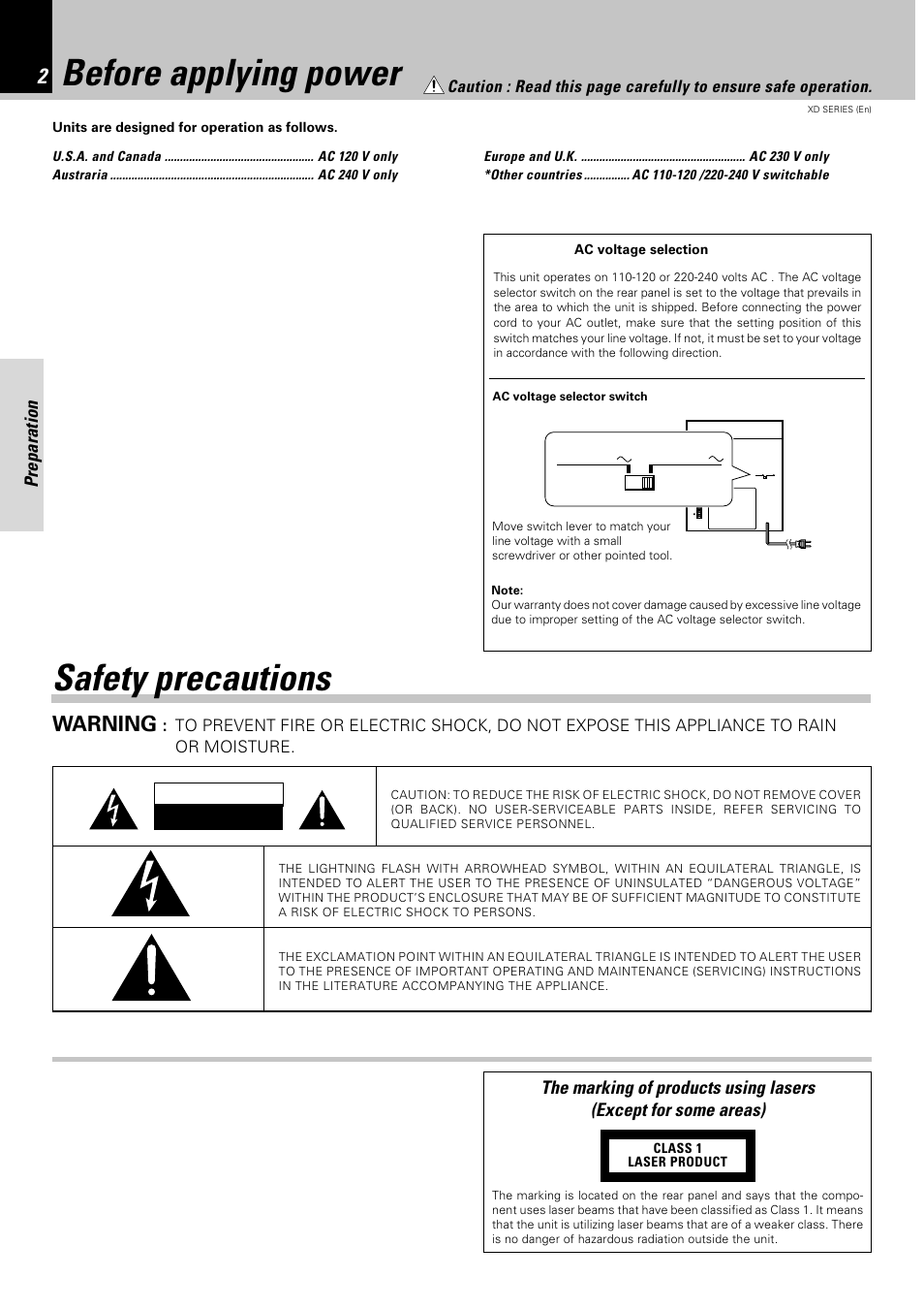 Before applying power, Safety precautions, Warning | Preparation | Kenwood DPX-302 User Manual | Page 2 / 44