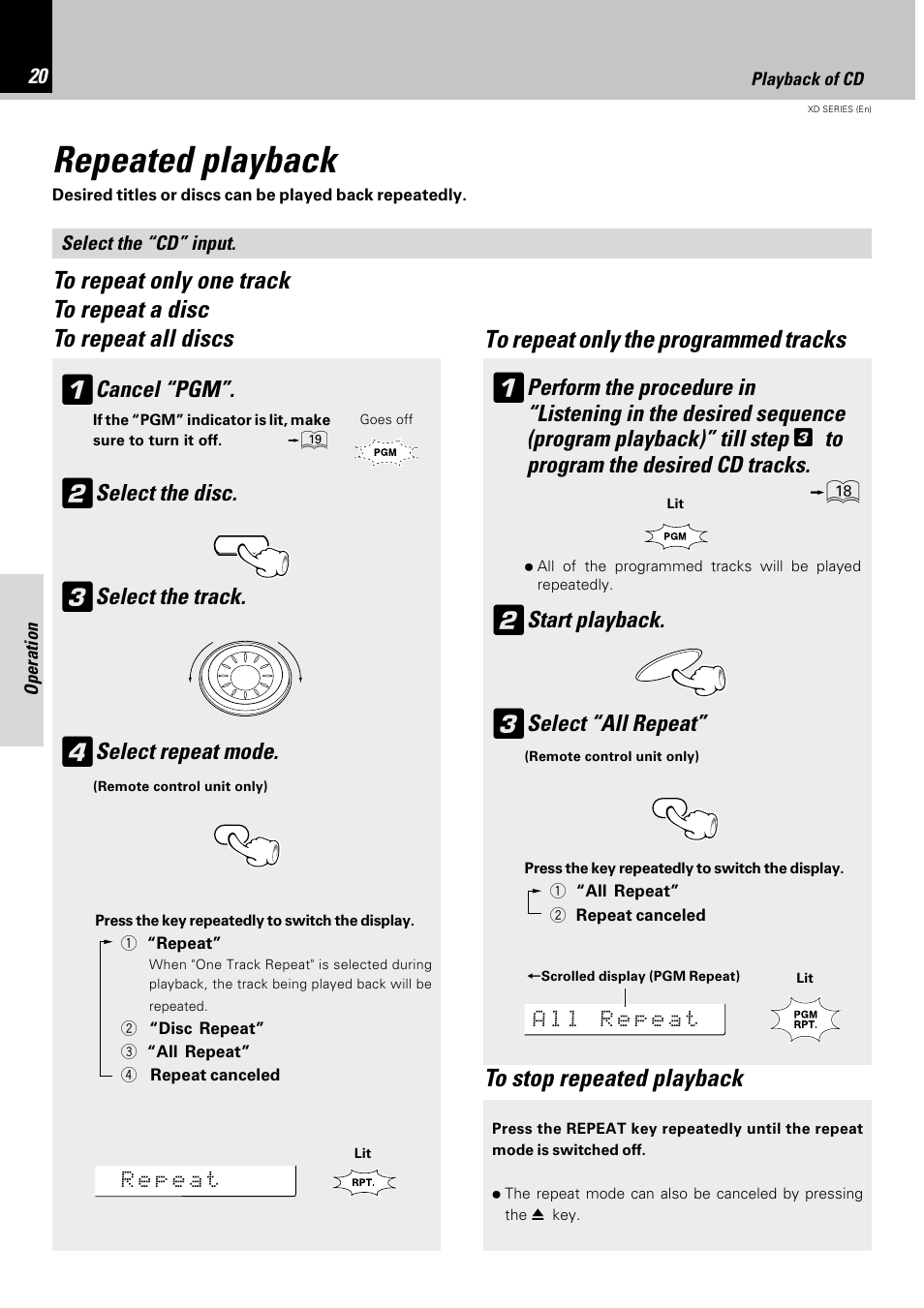 Repeated playback, Cancel “pgm, Select the disc | Select the track, Select repeat mode, Start playback, Select “all repeat | Kenwood DPX-302 User Manual | Page 20 / 44
