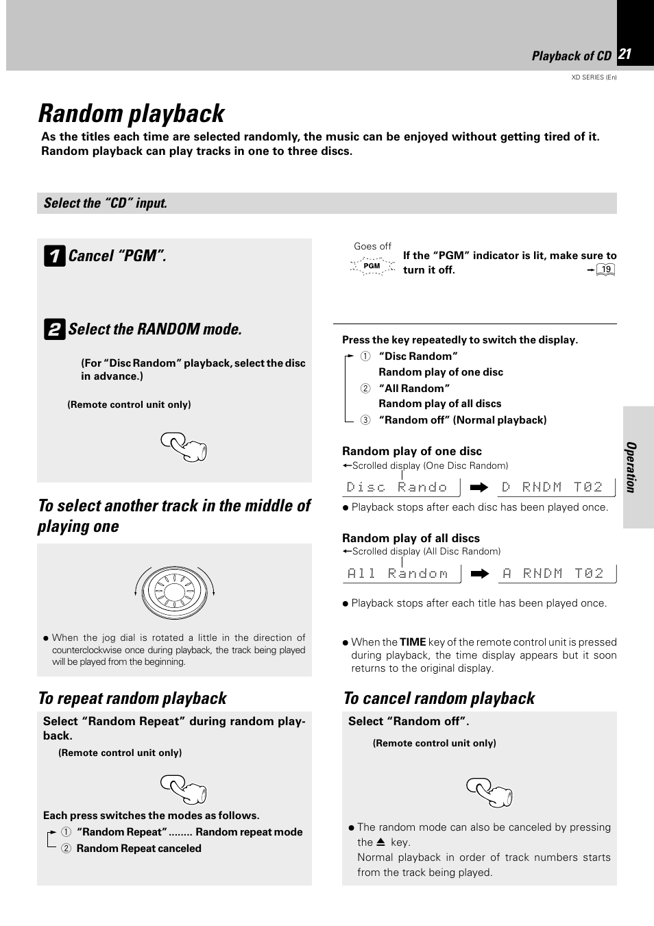 Random playback, Cancel “pgm, Select the random mode | Kenwood DPX-302 User Manual | Page 21 / 44
