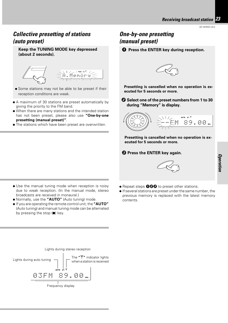 Collective presetting of stations(auto preset), One-by-one presetting(manual preset), Collective presetting of stations (auto preset) | One-by-one presetting (manual preset), 0 - f m 8 9 . 0 | Kenwood DPX-302 User Manual | Page 23 / 44