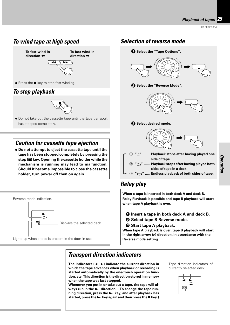 Caution for cassette tape ejection, Selection of reverse mode, Relay play | Transport direction indicators, Operation, Playback of tapes | Kenwood DPX-302 User Manual | Page 25 / 44