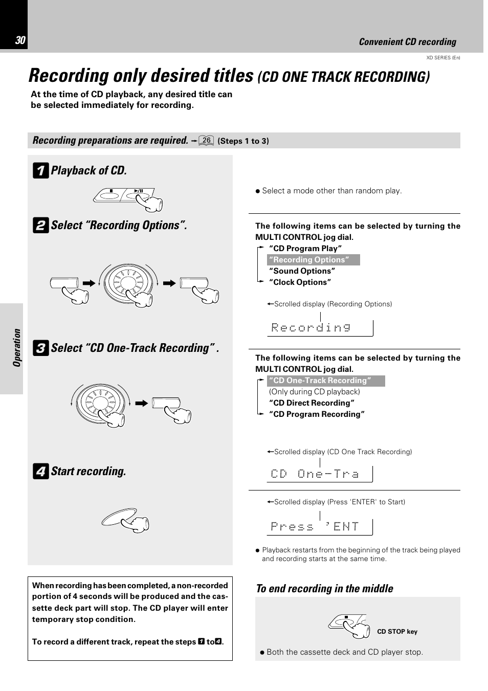Recording only desired titles, Cd one track recording), Playback of cd | Select “recording options, Select “cd one-track recording, Start recording | Kenwood DPX-302 User Manual | Page 30 / 44