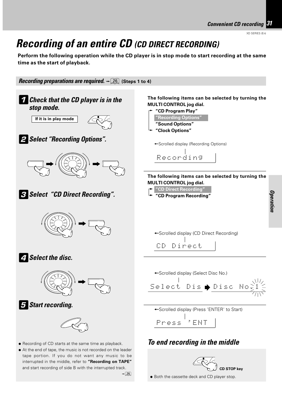 Recording of an entire cd (cd direct recording), Recording of an entire cd, Cd direct recording) | Check that the cd player is in the stop mode, Select “recording options, Select “cd direct recording, Select the disc, Start recording | Kenwood DPX-302 User Manual | Page 31 / 44