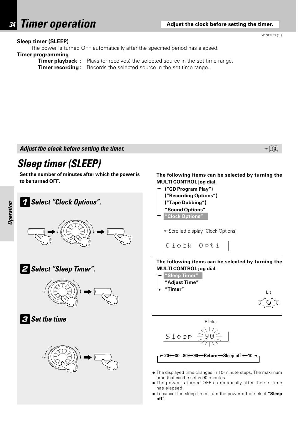 Timer operation, Sleep timer (sleep), Select “clock options | Select “sleep timer, Set the time | Kenwood DPX-302 User Manual | Page 34 / 44