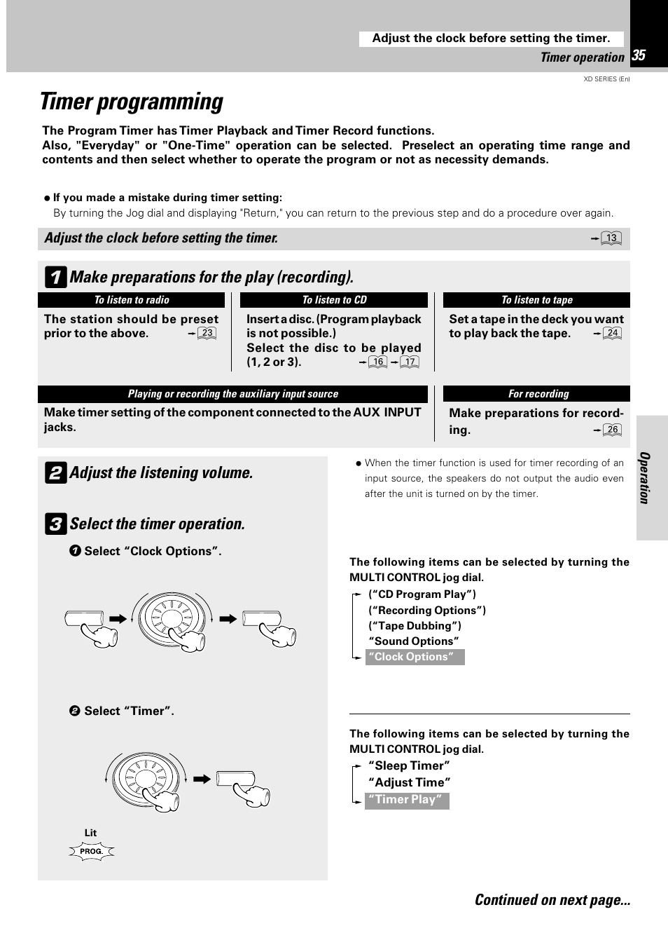 Timer programming, Make preparations for the play (recording), Select the timer operation | Adjust the listening volume, Continued on next page | Kenwood DPX-302 User Manual | Page 35 / 44