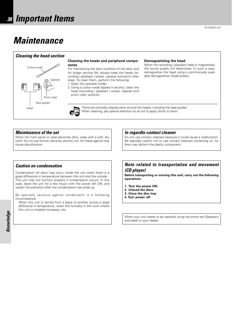 Important items, Maintenance, Important items maintenance | Knowledge, Maintenance of the set, Caution on condensation | Kenwood DPX-302 User Manual | Page 38 / 44