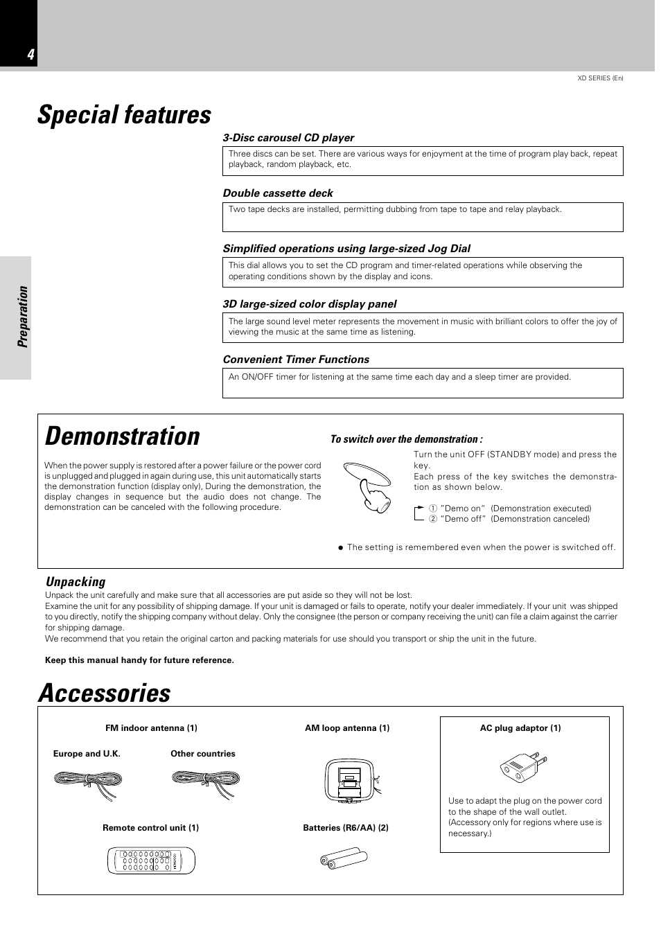 Special features, Accessories, Special features demonstration accessories | Preparation, Unpacking | Kenwood DPX-302 User Manual | Page 4 / 44