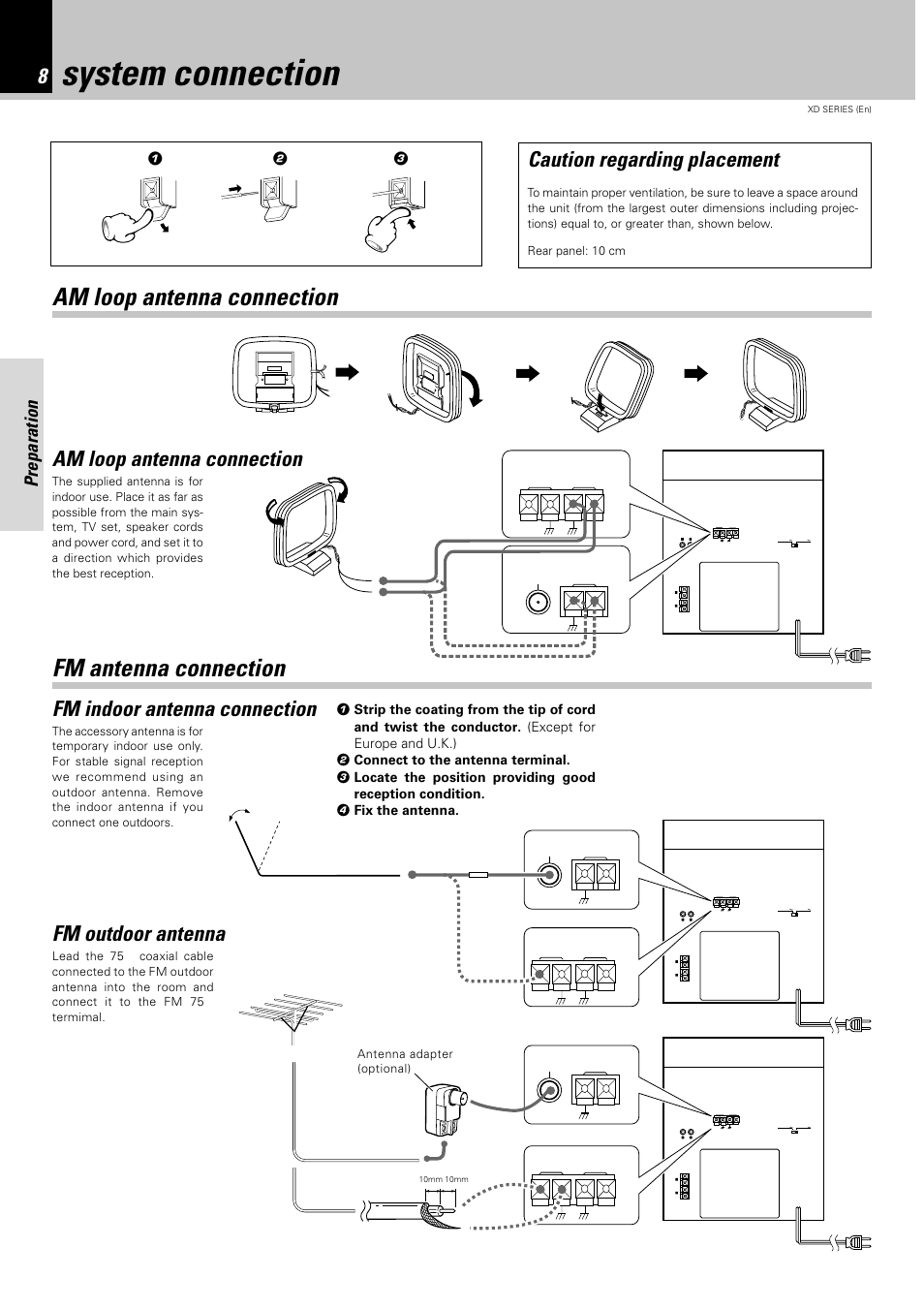 System connection, Am loop antenna connection, Fm antenna connection | Am loop antenna connection fm antenna connection, Caution regarding placement, Fm indoor antenna connection, Fm outdoor antenna, Preparation, Aux input | Kenwood DPX-302 User Manual | Page 8 / 44