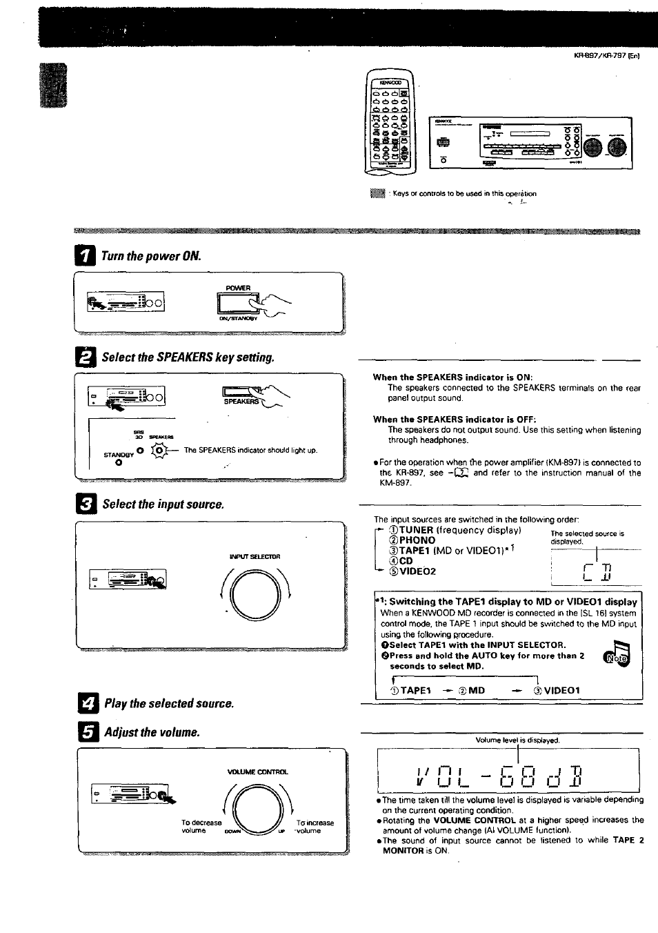 Turn the power on, Select the speakers key setting, Select the input source | Play the selected source. adjust the volume, У ъ goo. s, O s s$13 | Kenwood KR-897 User Manual | Page 14 / 32