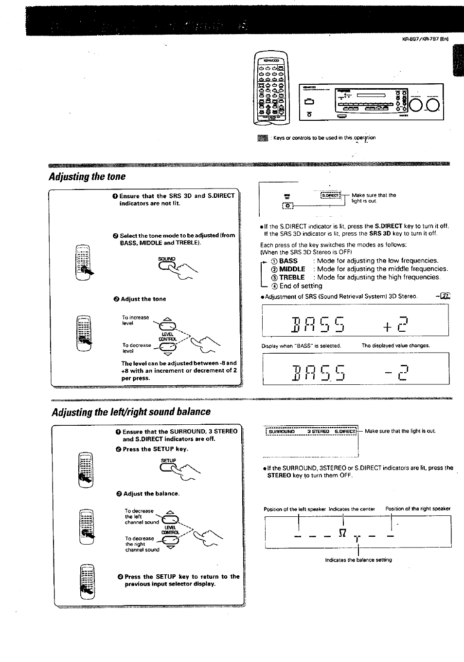 Adjusting the tone, Adjusting tiie ieft/right sound balance, О с с | Kenwood KR-897 User Manual | Page 15 / 32