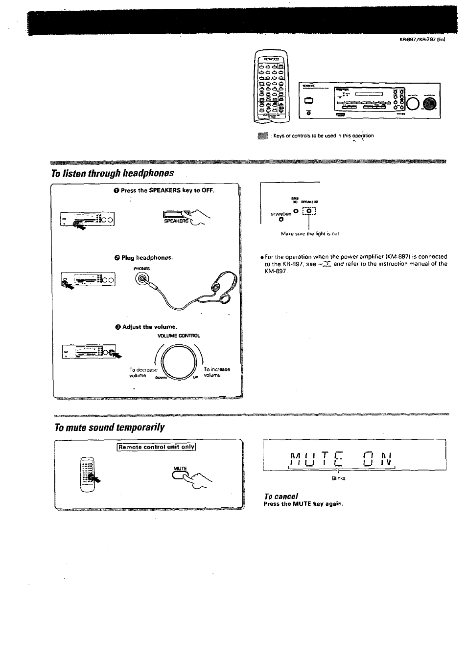 To listen through headphones, To mute sound temporarily, N/1 i f t c | Kenwood KR-897 User Manual | Page 17 / 32