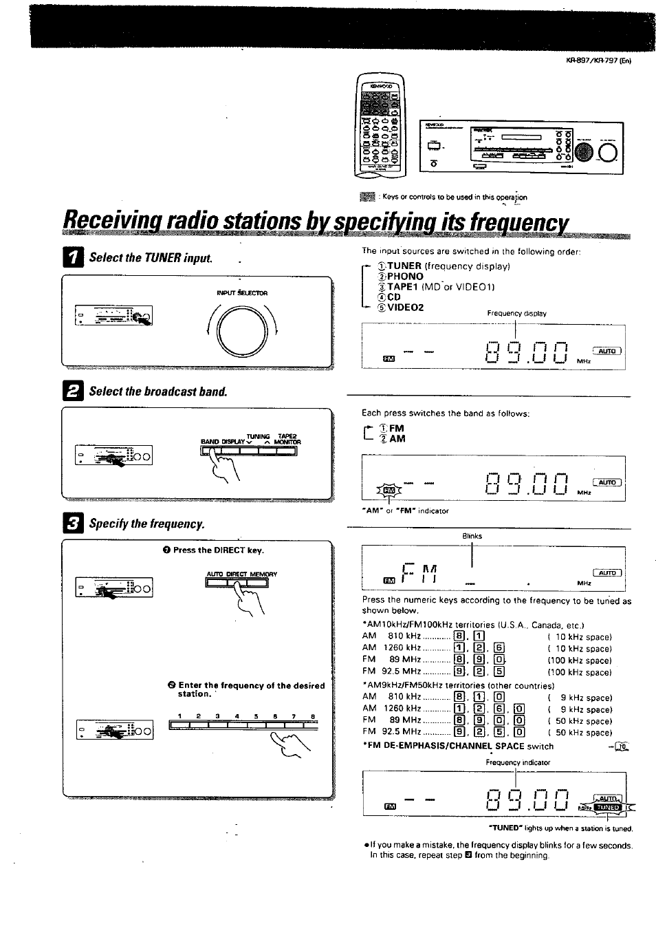 Select the tuner input, Select the broadcast band, Select the broadcast band. specify the frequency | Kenwood KR-897 User Manual | Page 20 / 32