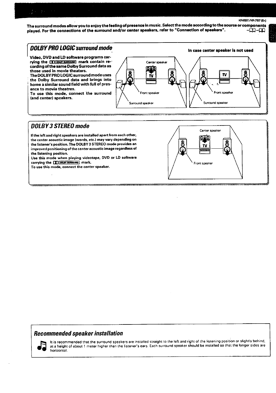 Doi£ypro logic surround mode, Dolby3 stereo mode, Recommended speaker installation | R.imvam, Ati-y.'.vm dolby3 stereo mode | Kenwood KR-897 User Manual | Page 23 / 32