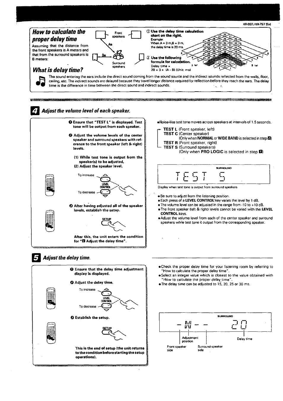 How to calculate the proper delay time, What is delay time, Adjust the volume level of each speaker | Adjust the delay time | Kenwood KR-897 User Manual | Page 25 / 32