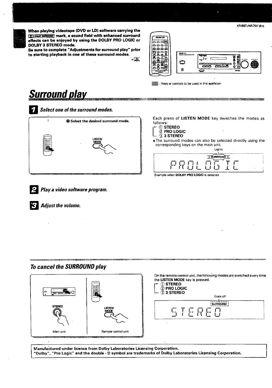 Surround ola, Selèct one of the surround modes, Play a video software program. adjust the volume | To cancel the surround play, Surround play, L_i l | Kenwood KR-897 User Manual | Page 26 / 32