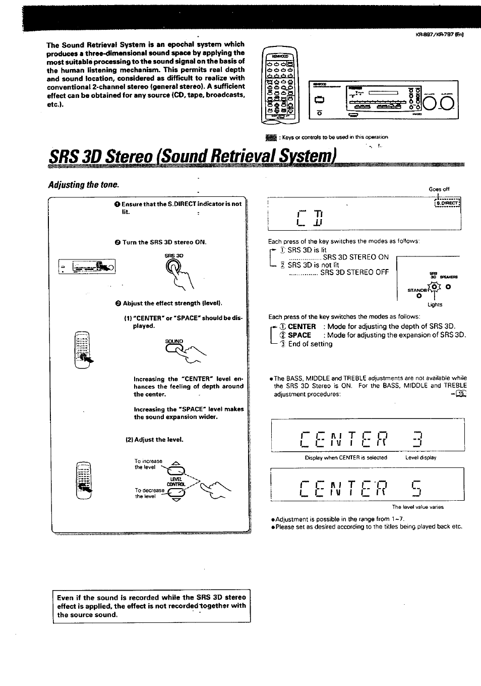 Srs 3d stereo (sound retrieval siatemi, Adjusting the tone, Srs 3 d stereo (sound retrieval system) | L. f | Kenwood KR-897 User Manual | Page 27 / 32