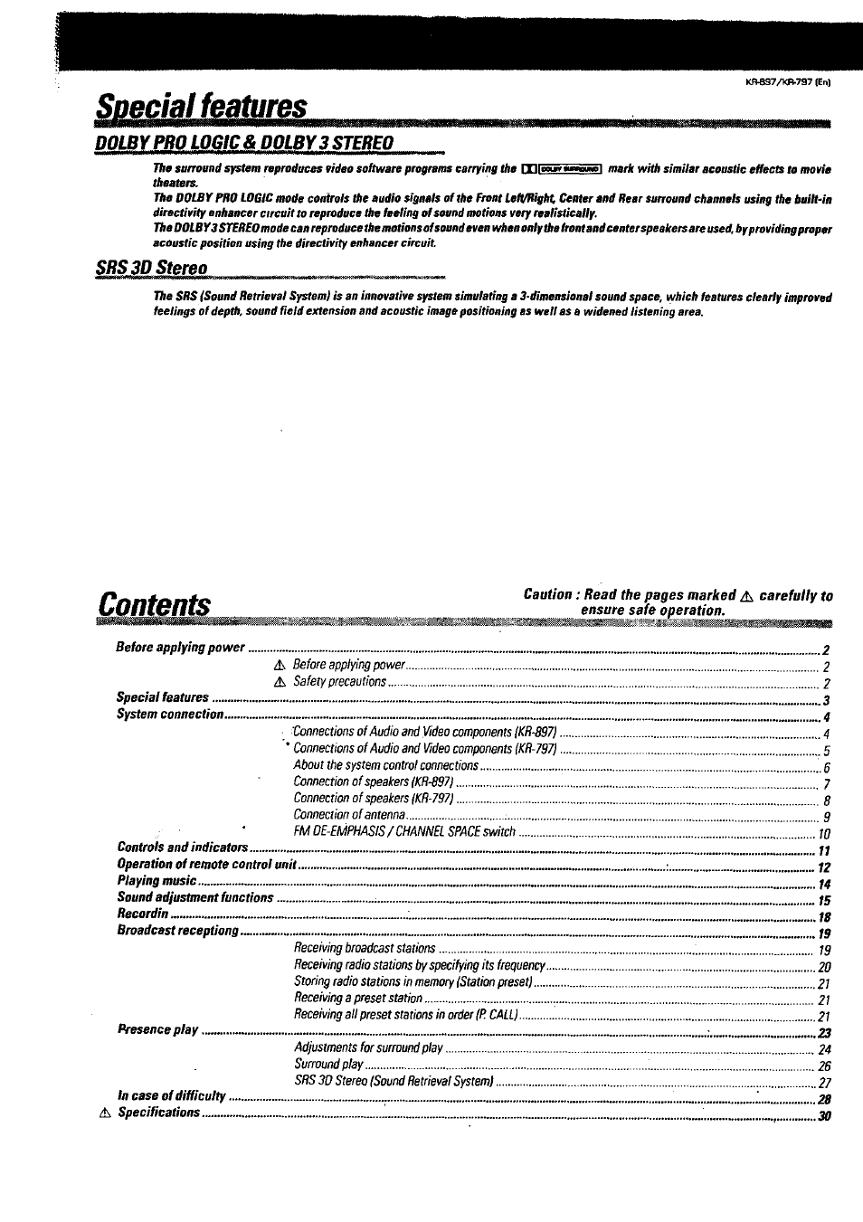 Bss¡mus3ms§m, Dolby pro logica dolby 3 stereo, Srs 3d stereo | Contente | Kenwood KR-897 User Manual | Page 3 / 32