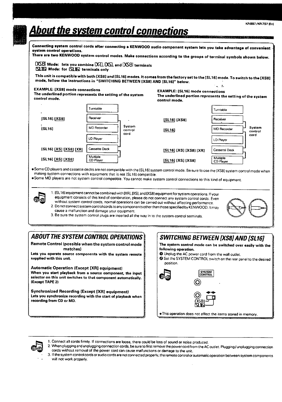 About the system control connections, About the system control operations, Switching betweenp(s8]and [sl16 | Kenwood KR-897 User Manual | Page 6 / 32