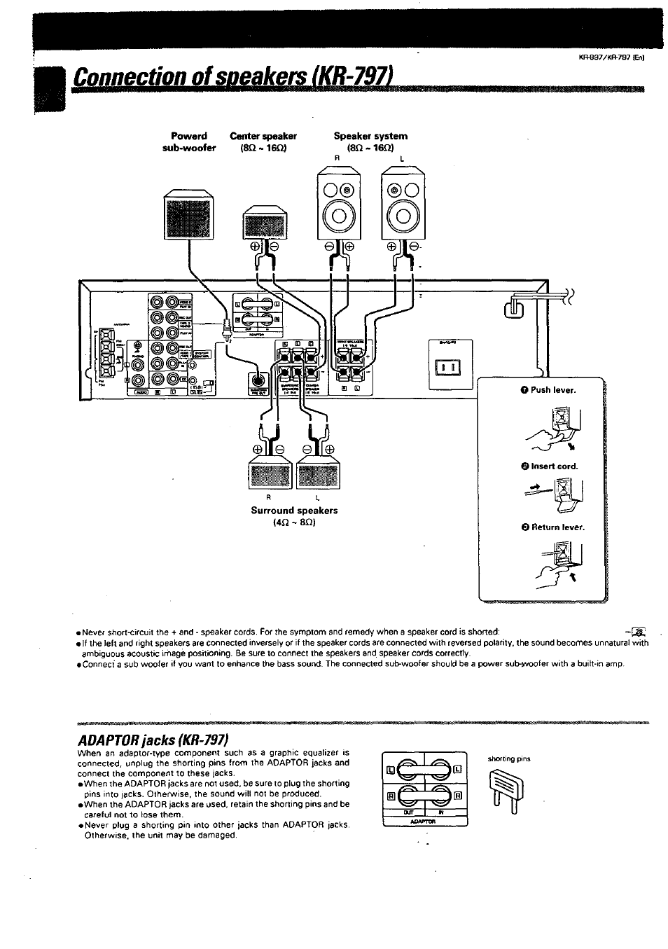 Adaptor jacks (kr-797), Connection of speakers (kr-797) | Kenwood KR-897 User Manual | Page 8 / 32