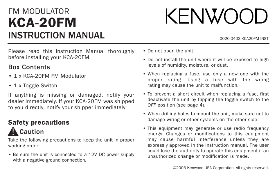 Kenwood KCA-20FM User Manual | 4 pages